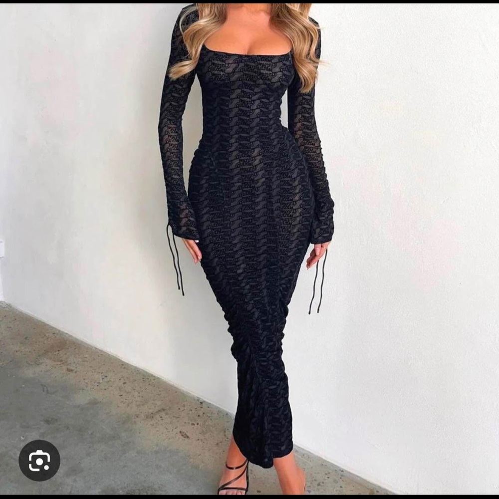 Blue Cocktail Dress with Square Neck and Bishop Sleeves